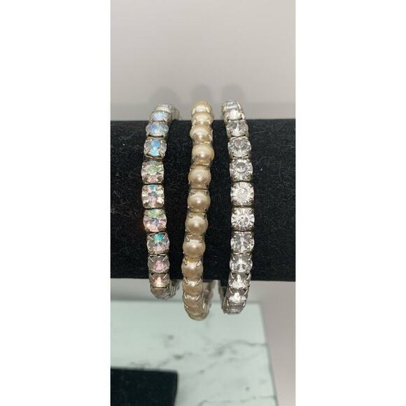 Vintage Lot Of 3 Prong Set AB & Clear Rhinestone & Faux Pearl Bracelets Stretch - Picture 1 of 7